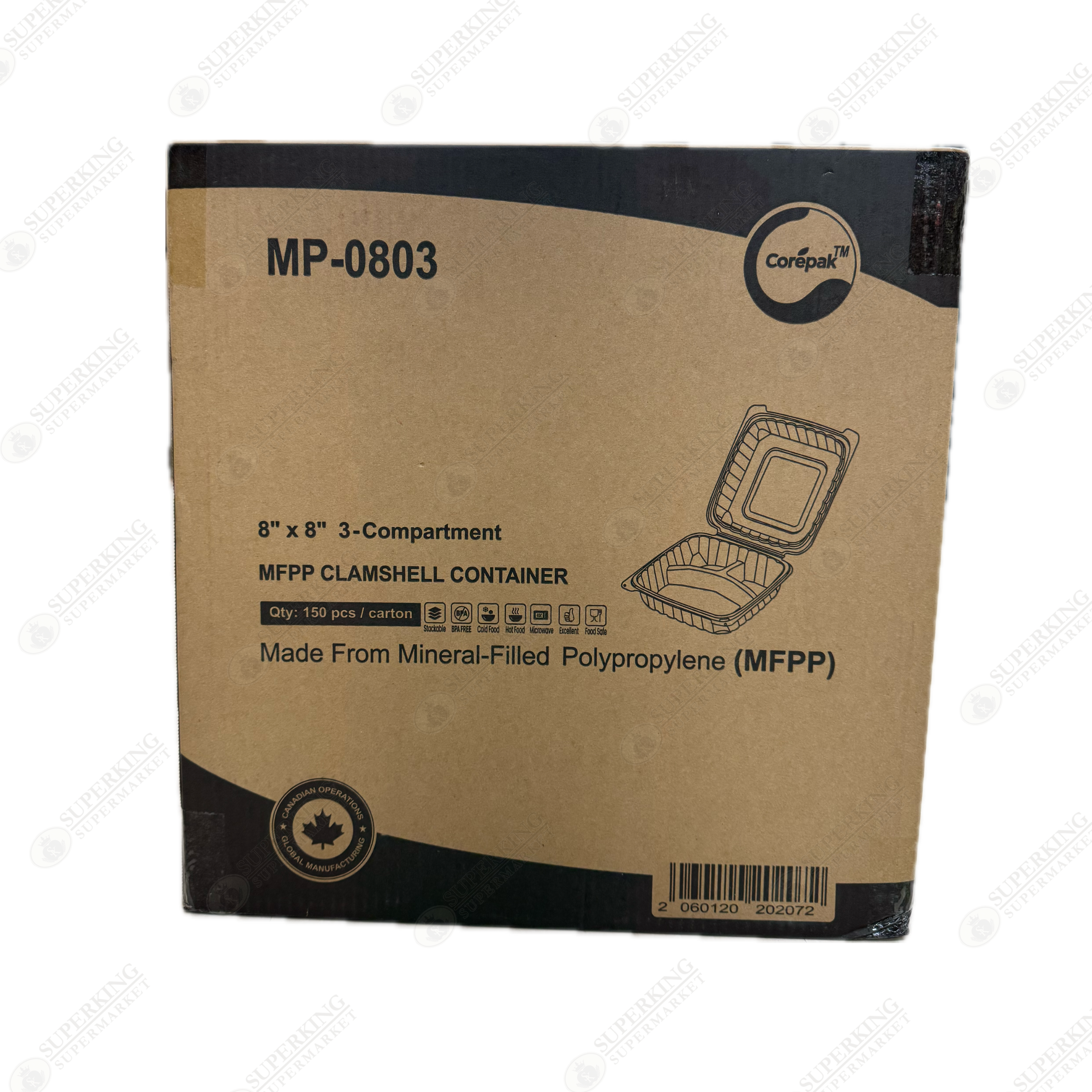 8" x 8" 3-Compartment MP-0803 Clamshell Container (150 pieces)