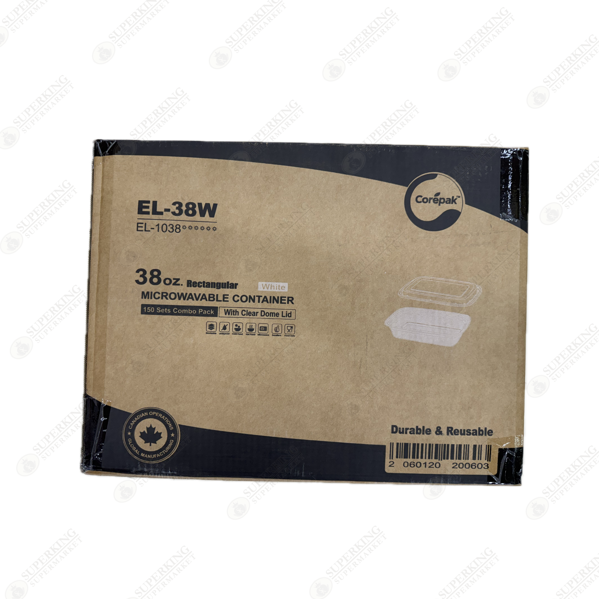 38 oz Rectangular Microwavable Container EL-38W (150 sets)