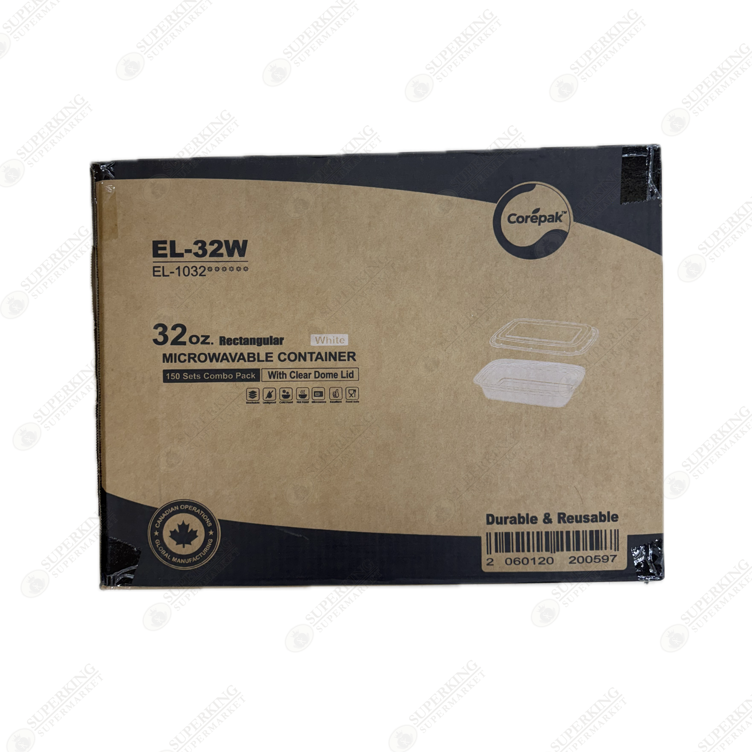 32 oz Rectangular Microwavable Container EL-32W (150 sets)