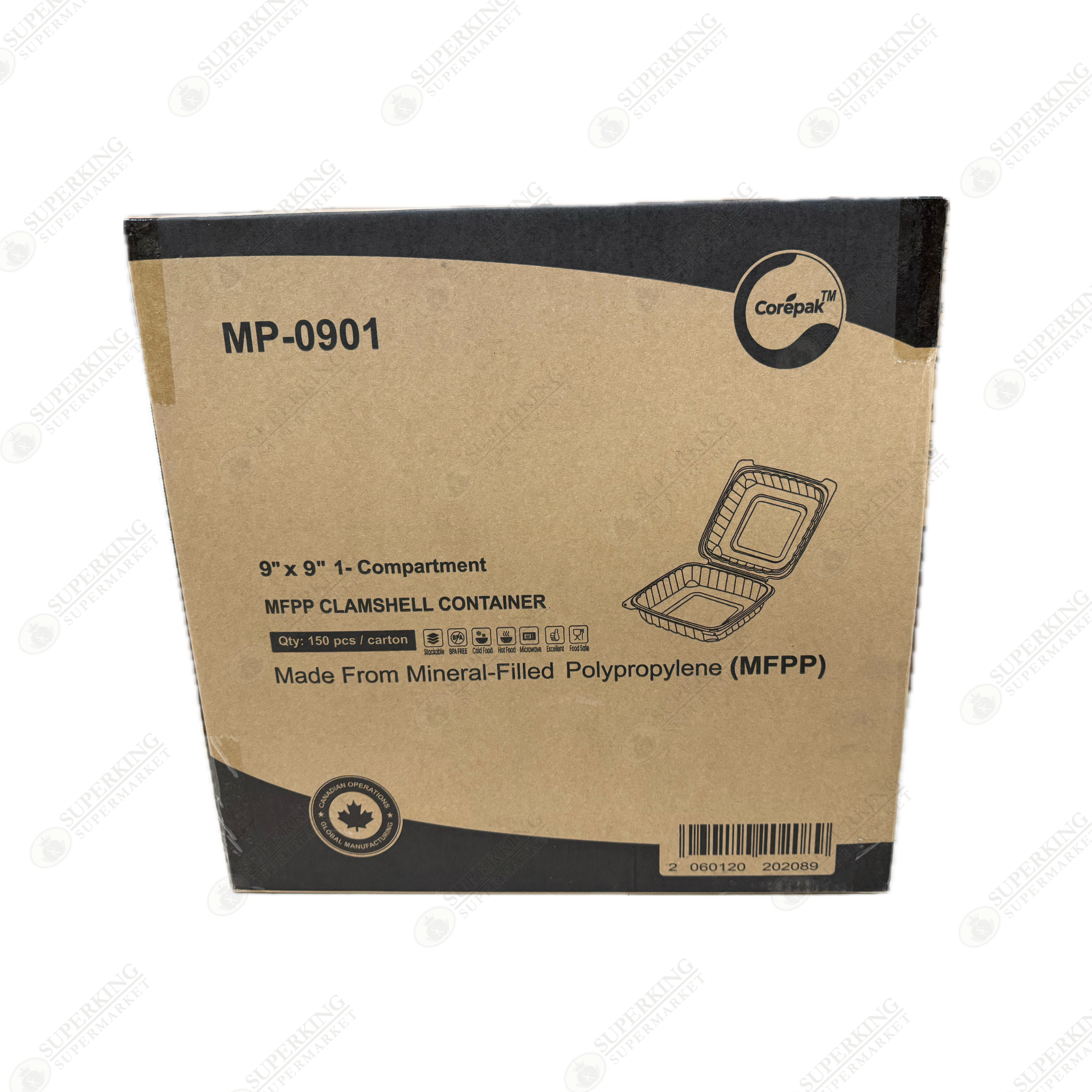 9" x 9" 1-Compartment MP-0901 Clamshell Container (150 pieces)