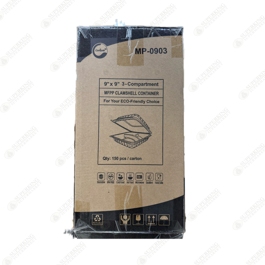 9" x 9" 3-Compartment MP-0903 Clamshell Container (150 pieces)