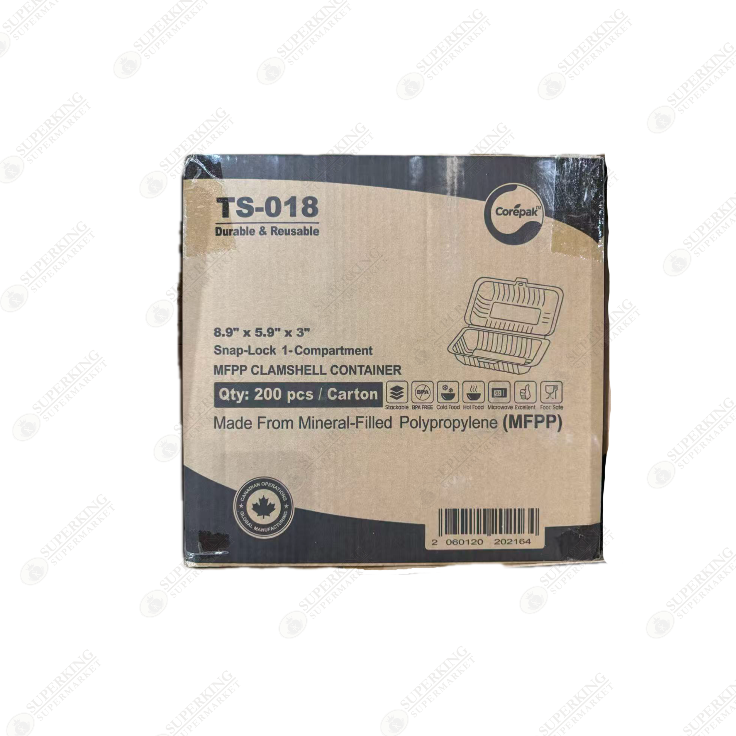 8.9" x 5.9" x 3" 1-Compartment TS-018 MFPP Clamshell Container (200 pieces)