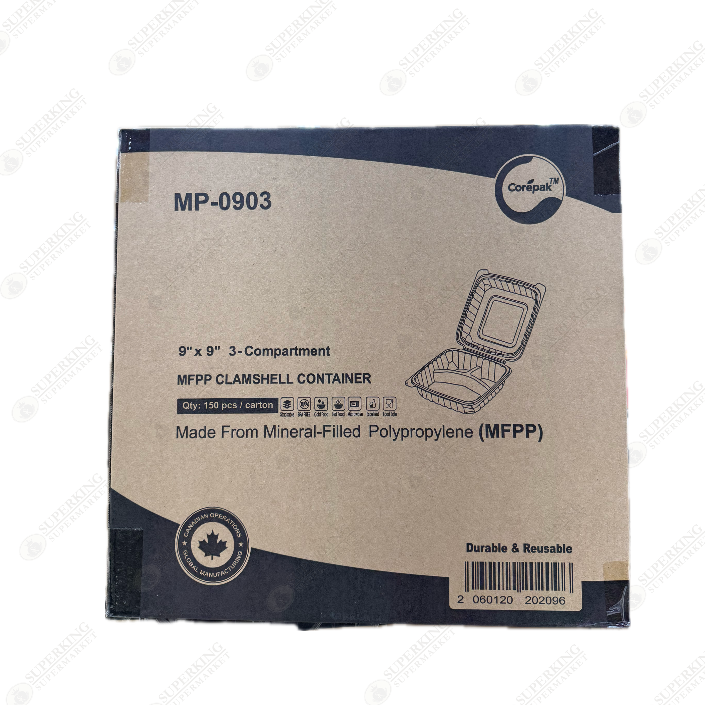 9" x 9" 3-Compartment MP-0903 Clamshell Container (150 pieces)