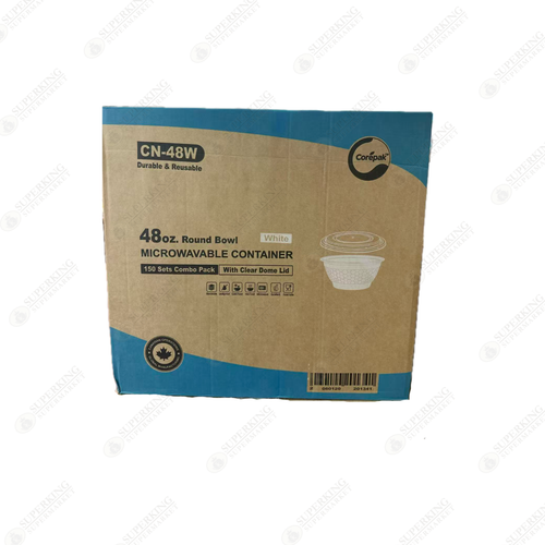 وعاء دائري سعة 48 أونصة آمن للاستخدام في الميكروويف أبيض مع غطاء شفاف مقبب YN-48W (150 طقم)