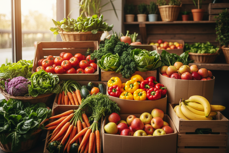 boxes of fruits and veggies